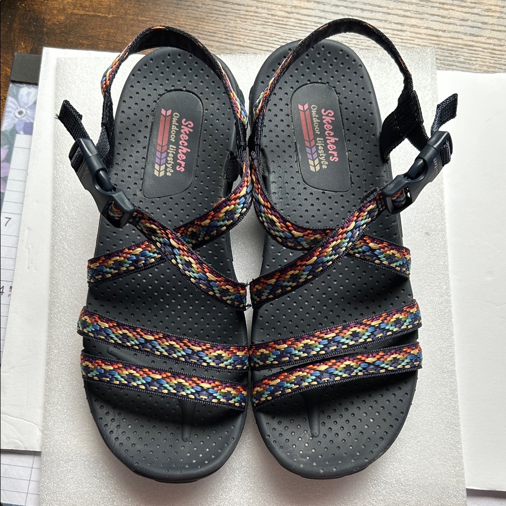 Skechers Women’s Reggae Fiesta Navy Sandals with Multicolor Braided Straps 7.5